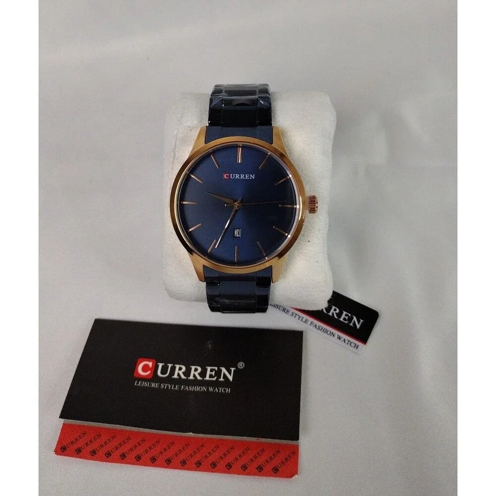 Men's Fashion Watch with Date. Blued Metal Band/Rose Gold - Gift with Purchase